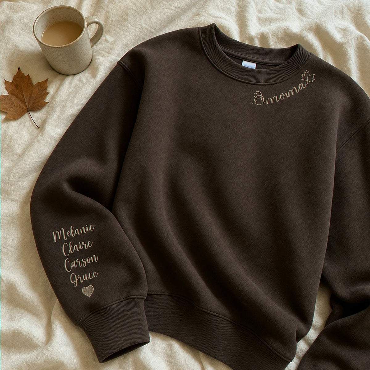 Custom Autumn Mama Sweatshirt - Embroidered Collar with Fall Icons, Cozy Season Gift for Mom Grandma Auntie
