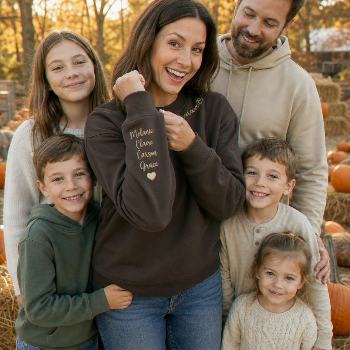 Custom Autumn Mama Sweatshirt - Embroidered Collar with Fall Icons, Cozy Season Gift for Mom Grandma Auntie
