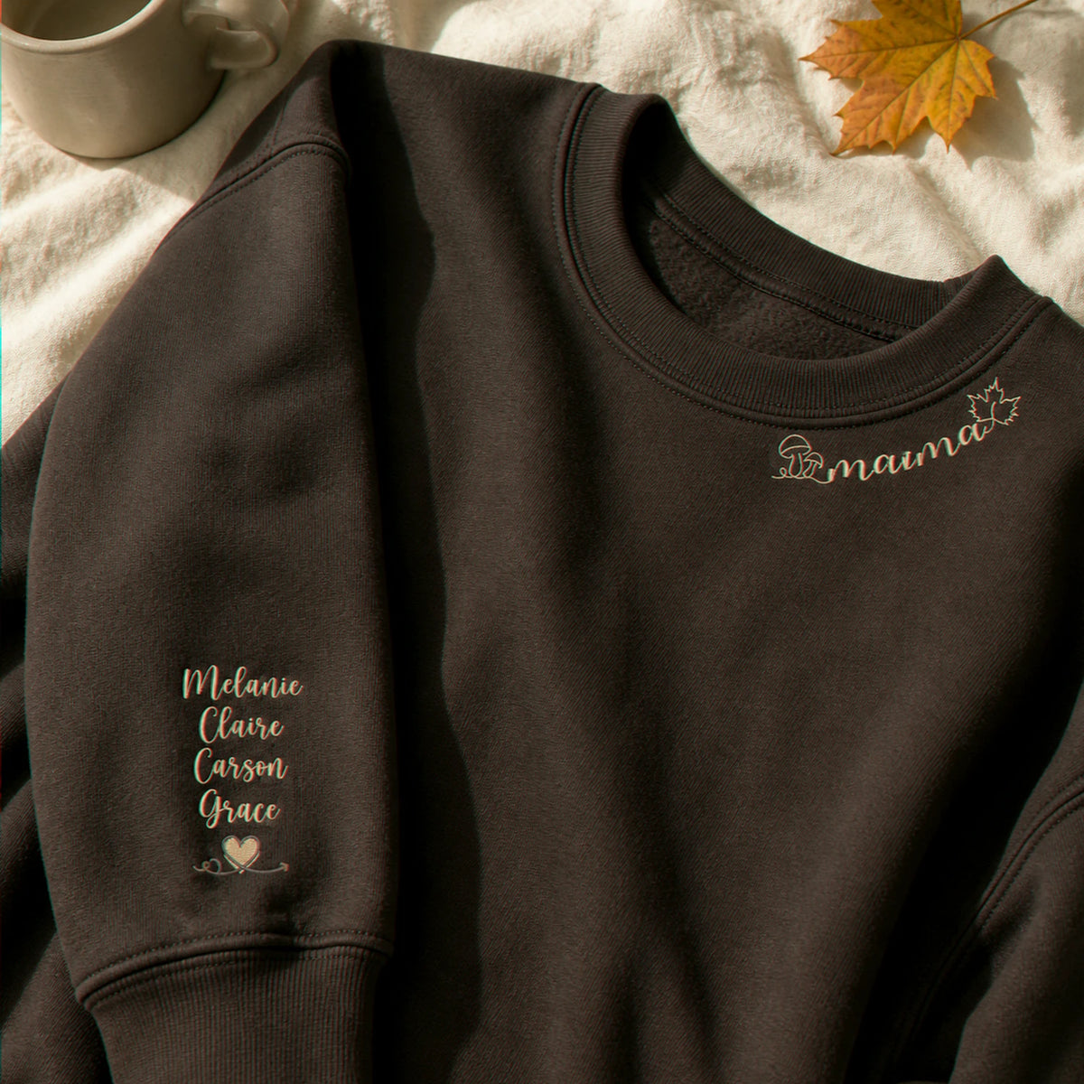 Custom Autumn Mama Sweatshirt - Embroidered Collar with Fall Icons, Cozy Season Gift for Mom Grandma Auntie