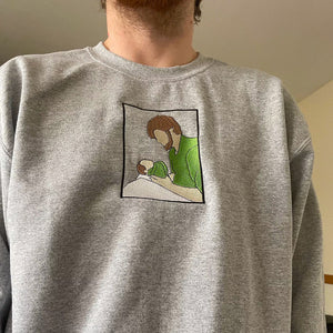 Custom embroidered family portrait hoodies with matching sweatshirts for parents and kids, based on real photo