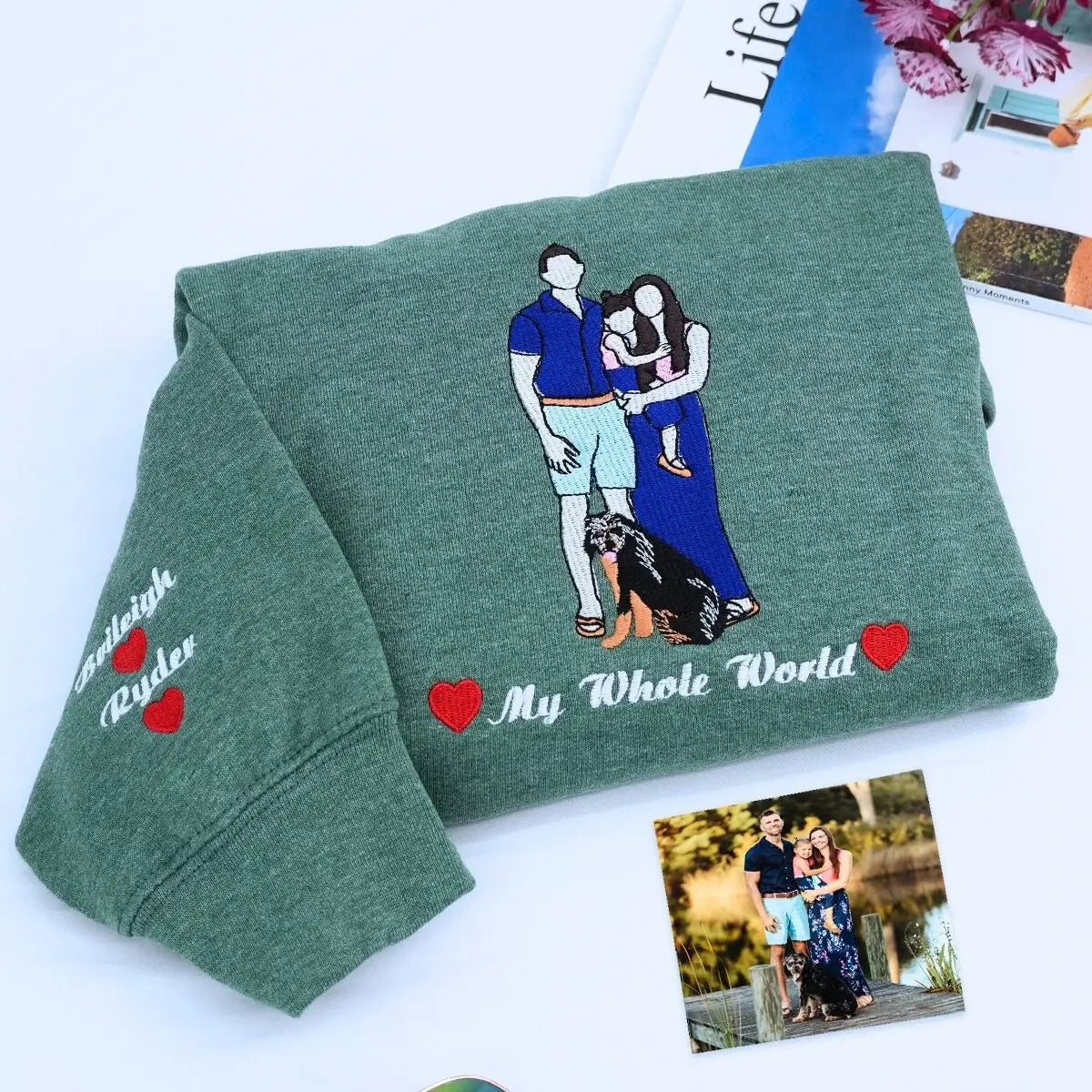 Custom embroidered sweatshirt with family photo – personalized gift for parents or grandparents