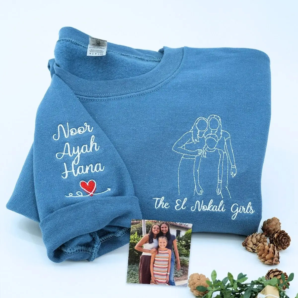 Custom embroidered sweatshirt with family photo – personalized gift for parents or grandparents