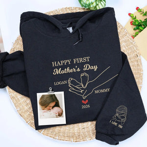 Custom embroidered first mother's day sweatshirt with baby portrait stitched on sleeve for wife gift