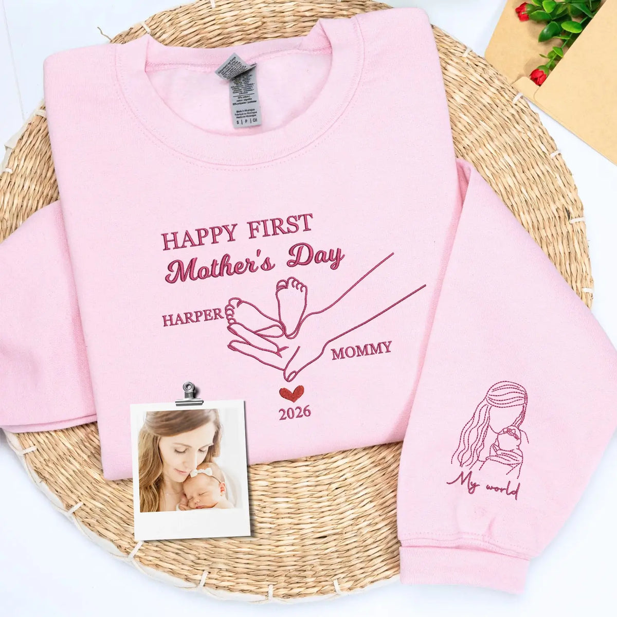 Custom embroidered first mother's day sweatshirt with baby portrait stitched on sleeve for wife gift
