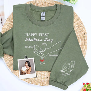 Custom Embroidered First Mother's Day Sweatshirt with Portrait on Sleeve, First Mother's Day Gift for Wife