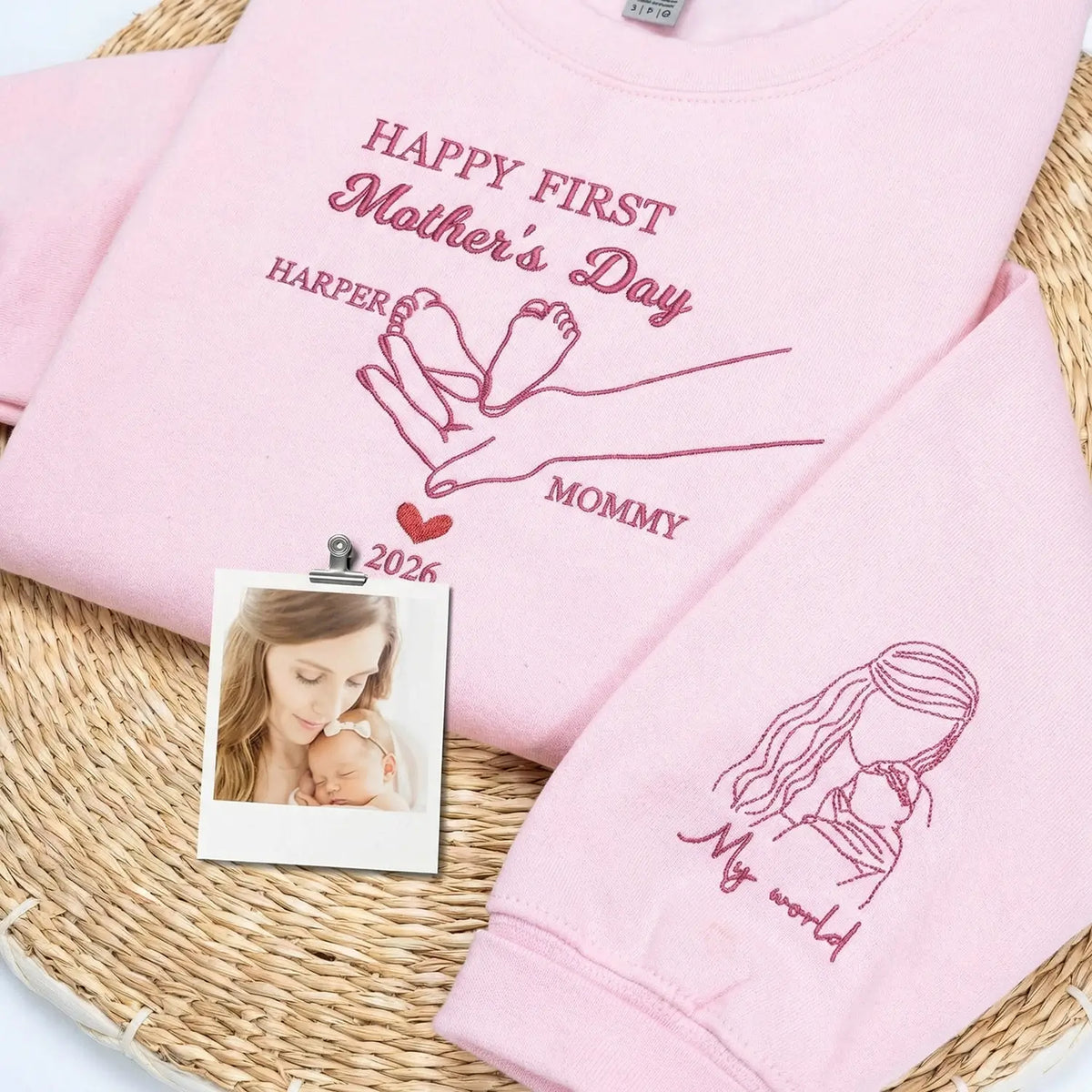 Custom embroidered first mother's day sweatshirt with baby portrait stitched on sleeve for wife gift