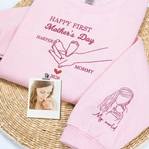 Custom embroidered first mother's day sweatshirt with baby portrait stitched on sleeve for wife gift