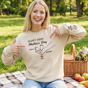 Custom embroidered first mother's day sweatshirt with baby portrait stitched on sleeve for wife gift