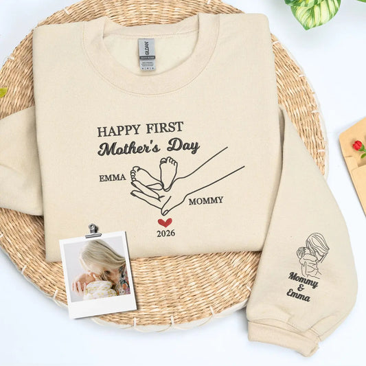 Custom embroidered first mother's day sweatshirt with baby portrait stitched on sleeve for wife gift
