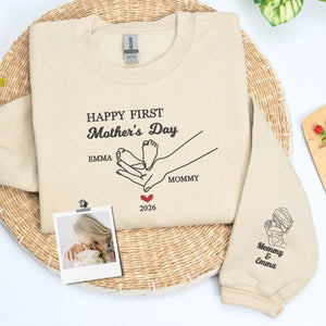 Custom embroidered first mother's day sweatshirt with baby portrait stitched on sleeve for wife gift