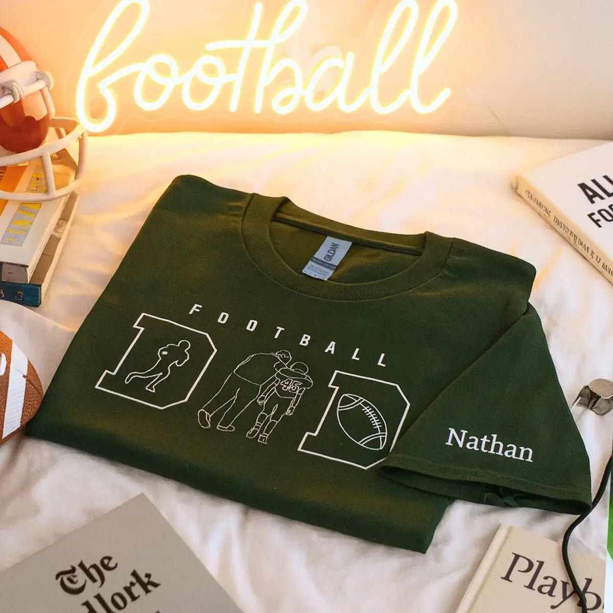 ustom embroidered football dad shirt with photo portrait and name on sleeve