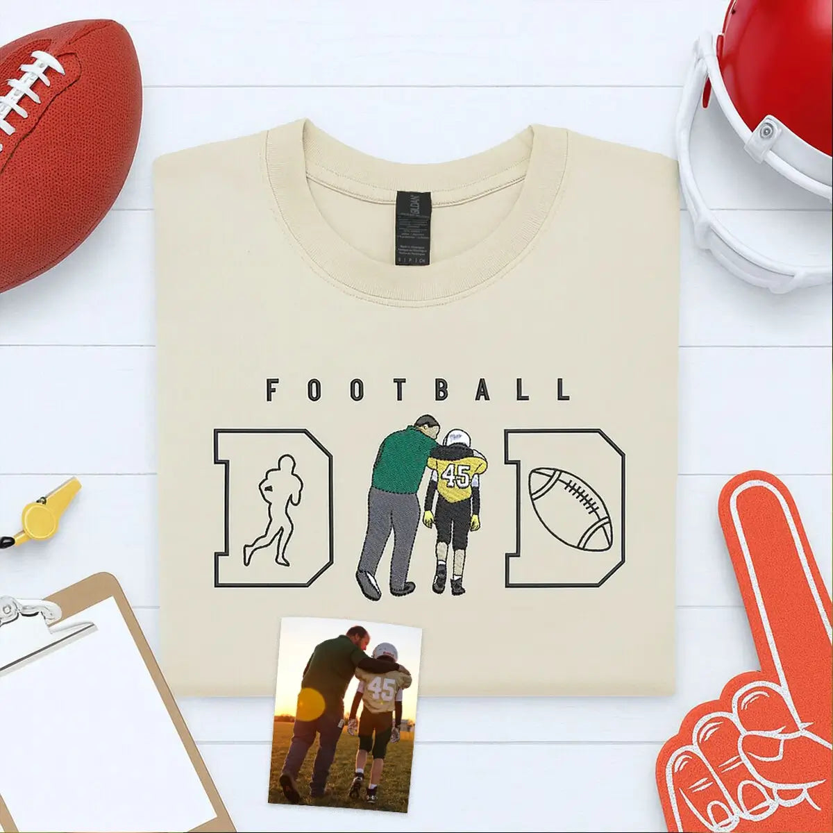 ustom embroidered football dad shirt with photo portrait and name on sleeve