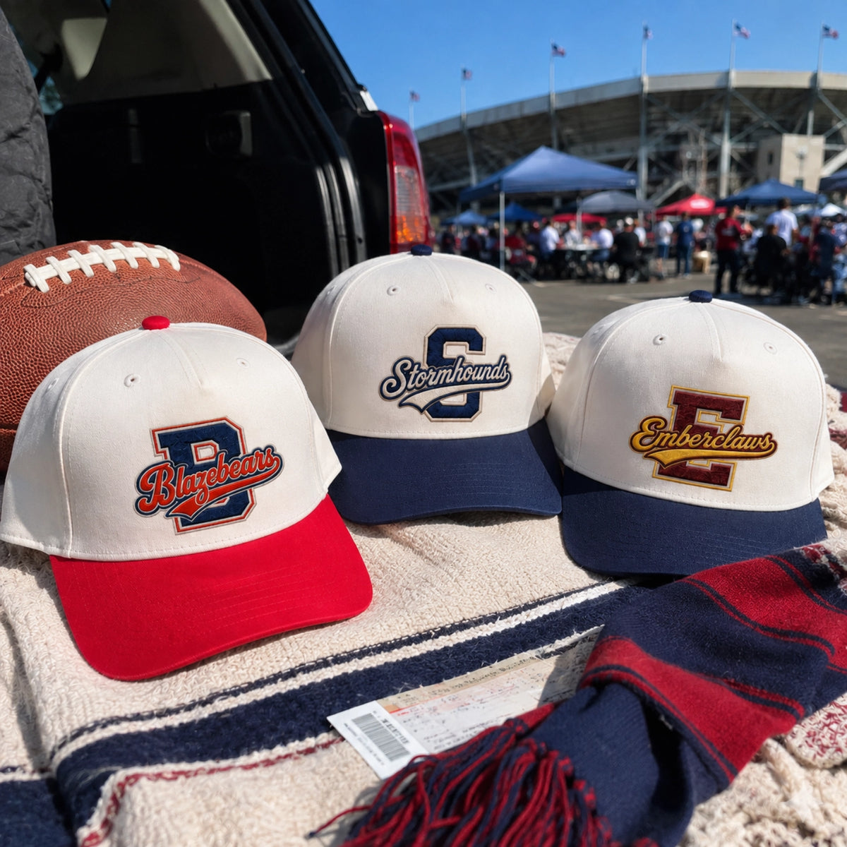 Three baseball caps displayed outdoors on a blanket in front of an open car trunk at a stadium event. The hats are off-white with navy and red brims, featuring custom embroidered lettering: 'Blues' on the left, 'Steamhounds' in the center, and 'Emberclaus' on the right.