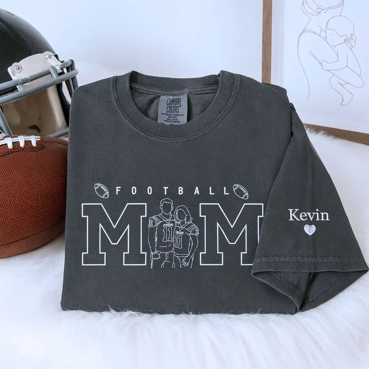 Custom embroidered football mom shirt with stitched photo portrait and name on sleeve, ideal for game day pride.