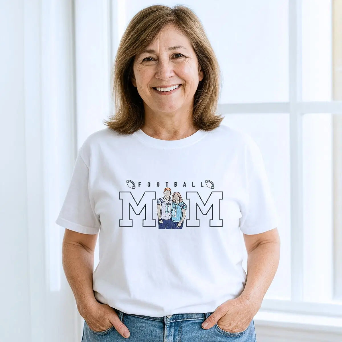 Custom embroidered football mom shirt with stitched photo portrait and name on sleeve, ideal for game day pride.