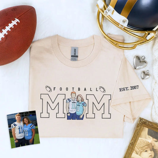 Custom embroidered football mom shirt with stitched photo portrait and name on sleeve, ideal for game day pride.