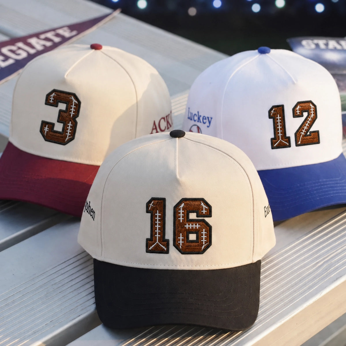Custom Football Number Snapback Hats - Embroidered Your Text, Name, Logo on Front, Side & Back