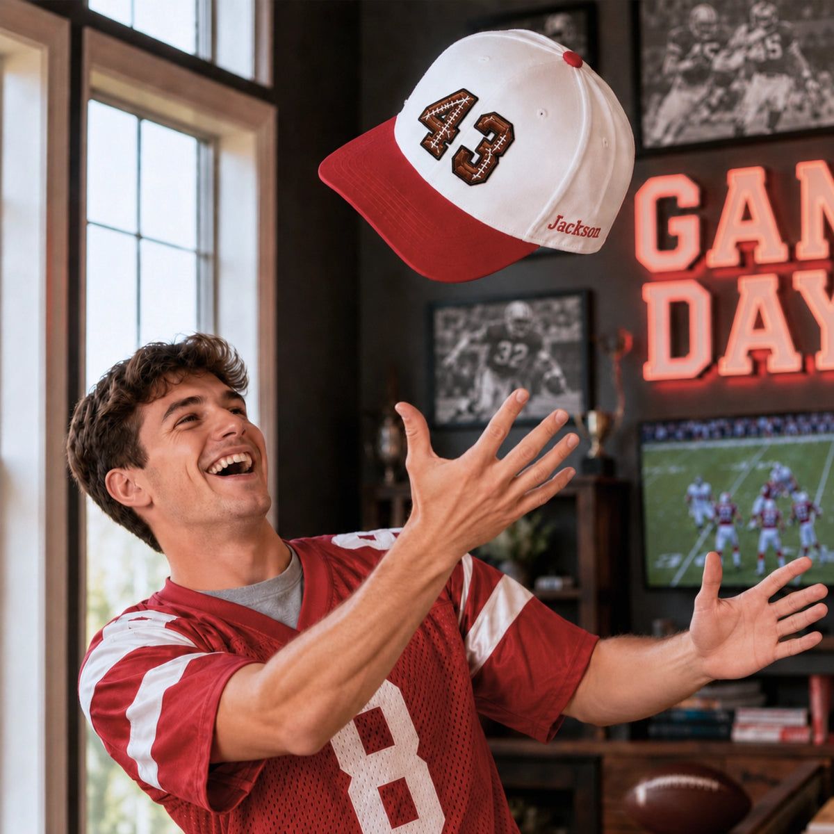 Custom Football Number Snapback Hats - Embroidered Your Text, Name, Logo on Front, Side & Back