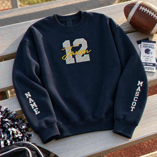 Custom Game Day Number Applique Sweatshirt, Embroidered Glitter Number & Name, Football Mascot Sweater