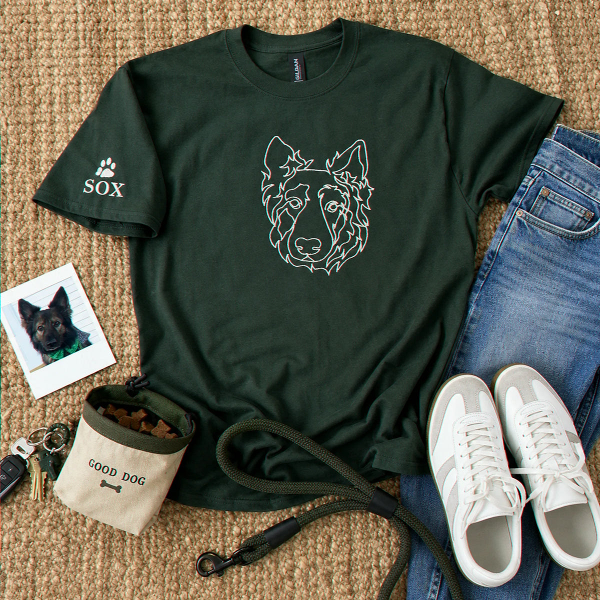 Custom German Shepherd Outline T-Shirt - Minimalist Embroidered Pet Photo Line Art Tee & Name for Dog Parent