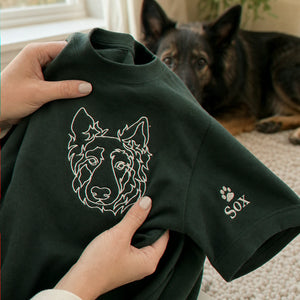 Custom German Shepherd Outline T-Shirt - Minimalist Embroidered Pet Photo Line Art Tee & Name for Dog Parent