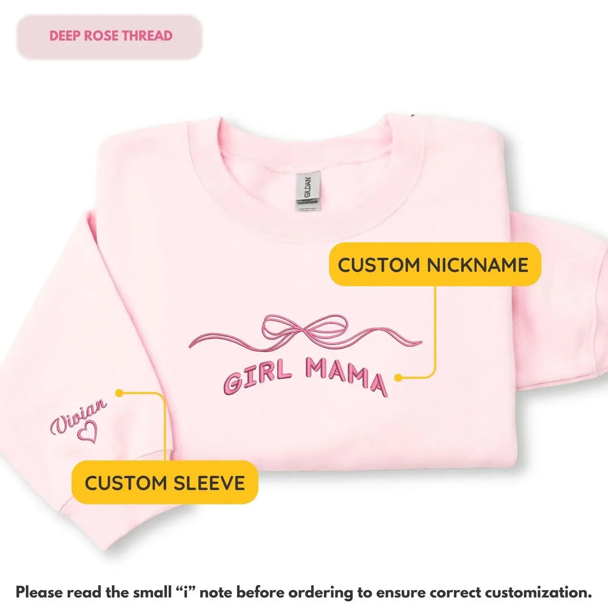 Custom embroidered girl mom sweatshirt with kids names and coquette bow design personalized Mother's Day gift for mom