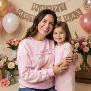 Custom embroidered girl mom sweatshirt with kids names and coquette bow design personalized Mother's Day gift for mom