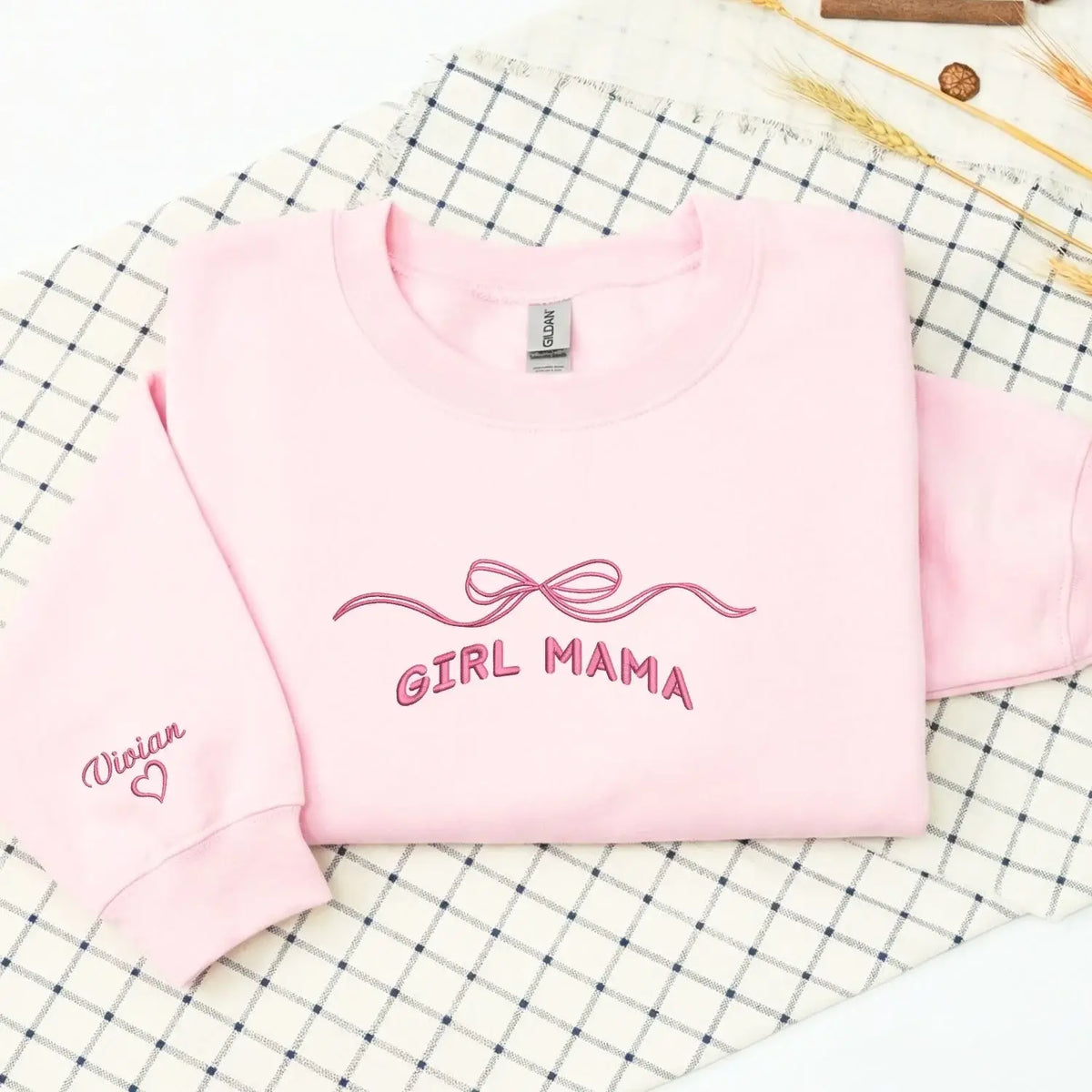 Custom embroidered girl mom sweatshirt with kids names and coquette bow design personalized Mother's Day gift for mom