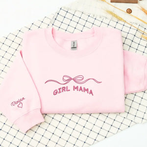 Custom embroidered girl mom sweatshirt with kids names and coquette bow design personalized Mother's Day gift for mom