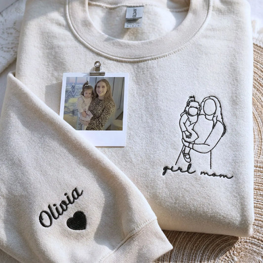 custom girl mom embroidered sweatshirt from photo line art hoodie gift for mothers with daughters