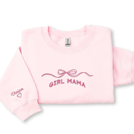 Custom embroidered girl mom sweatshirt with kids names and coquette bow design personalized Mother's Day gift for mom