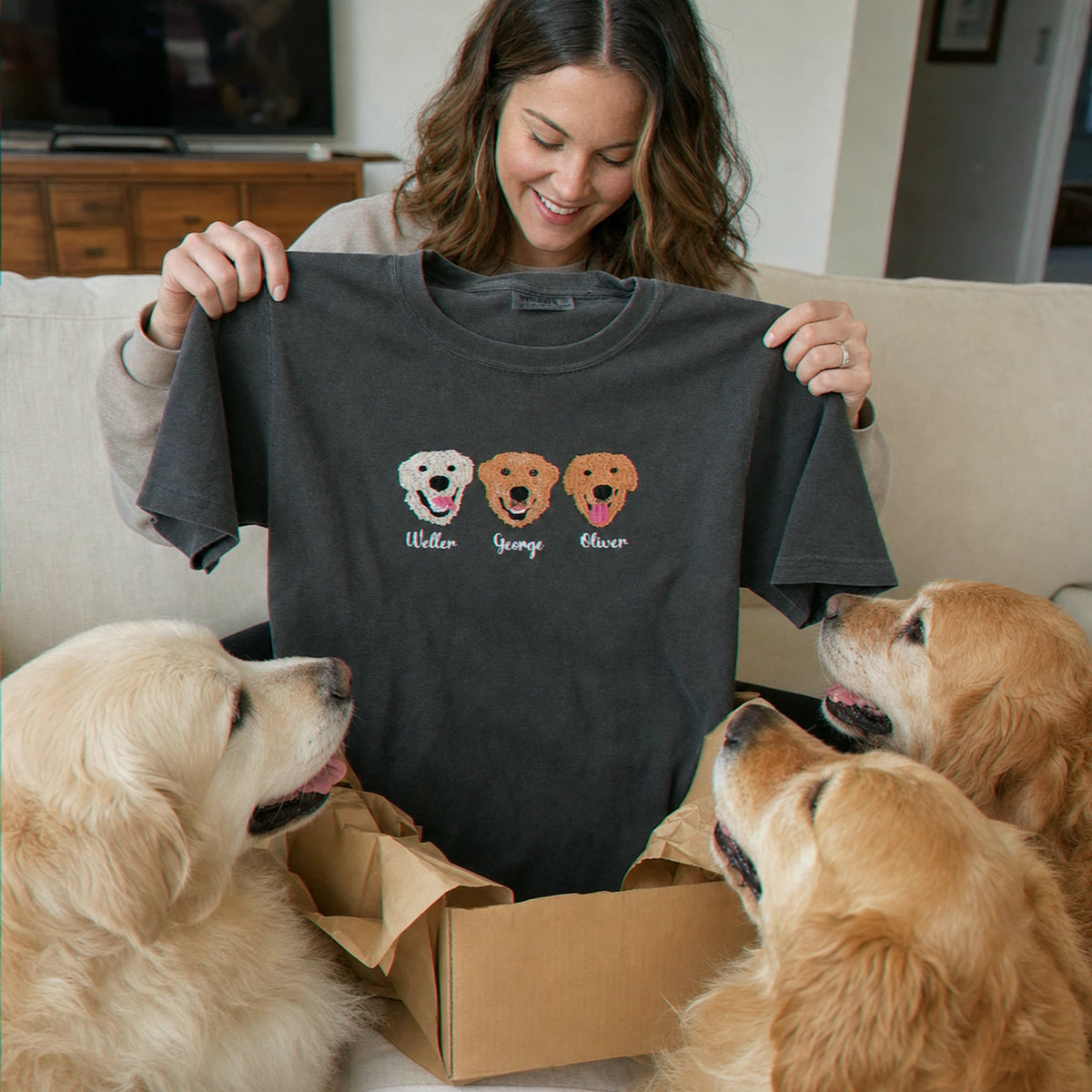 Custom Golden Retriever Portrait T-shirt for Dog Lover - Embroidered Pet Photo Full Color Pullover & Name - Dog Parent Gift
