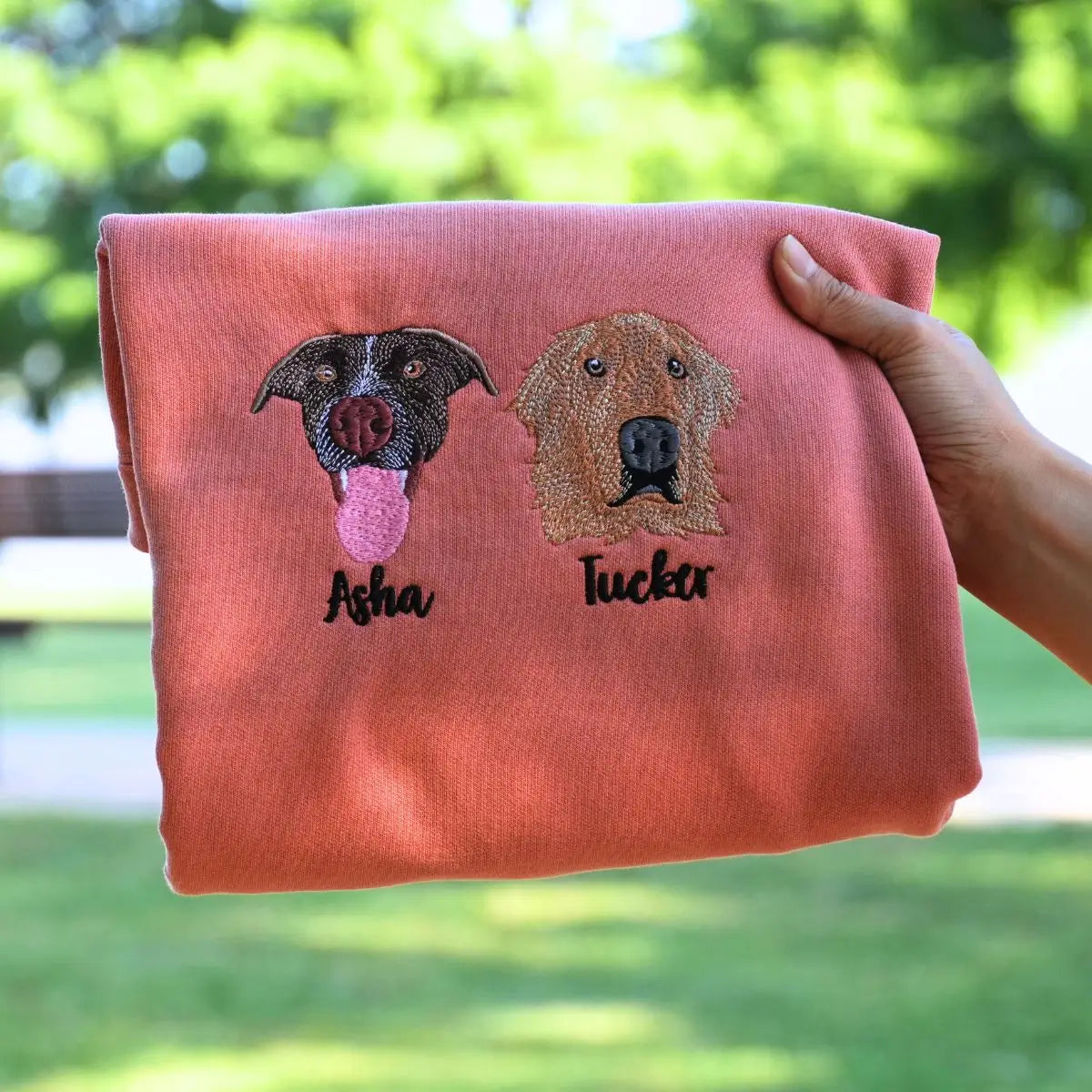 Custom embroidered shirt with golden retriever portrait and personalized sleeve name