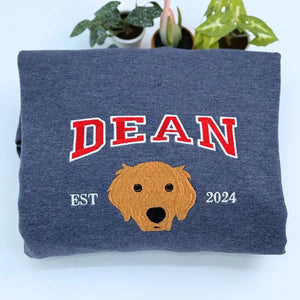 Custom embroidered shirt with golden retriever portrait and personalized sleeve name