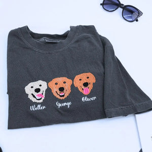 Custom embroidered shirt with golden retriever portrait and personalized sleeve name
