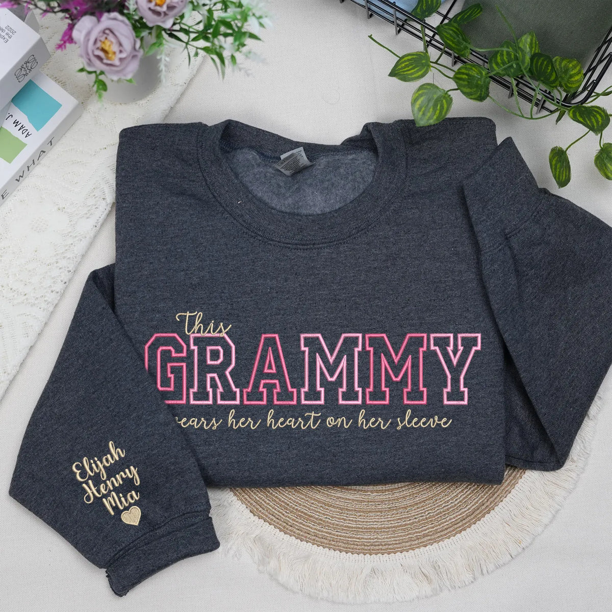 This Grammy Wears Her Heart on Her Sleeve - Custom Embroidered Sweatshirt with Grandkids' Names