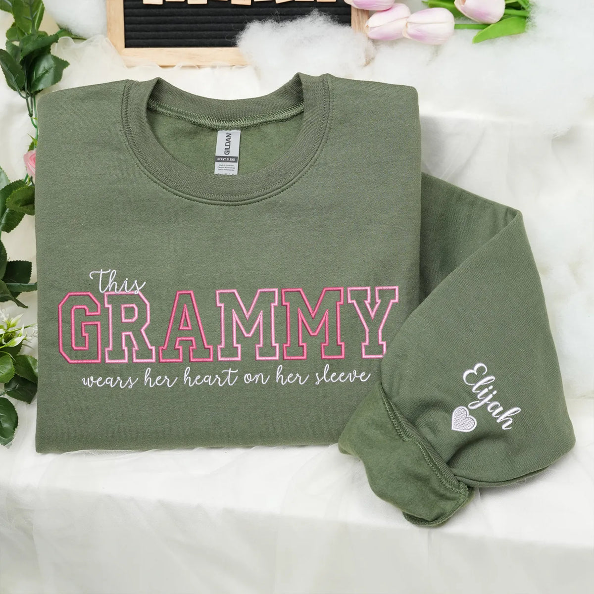 This Grammy Wears Her Heart on Her Sleeve - Custom Embroidered Sweatshirt with Grandkids' Names