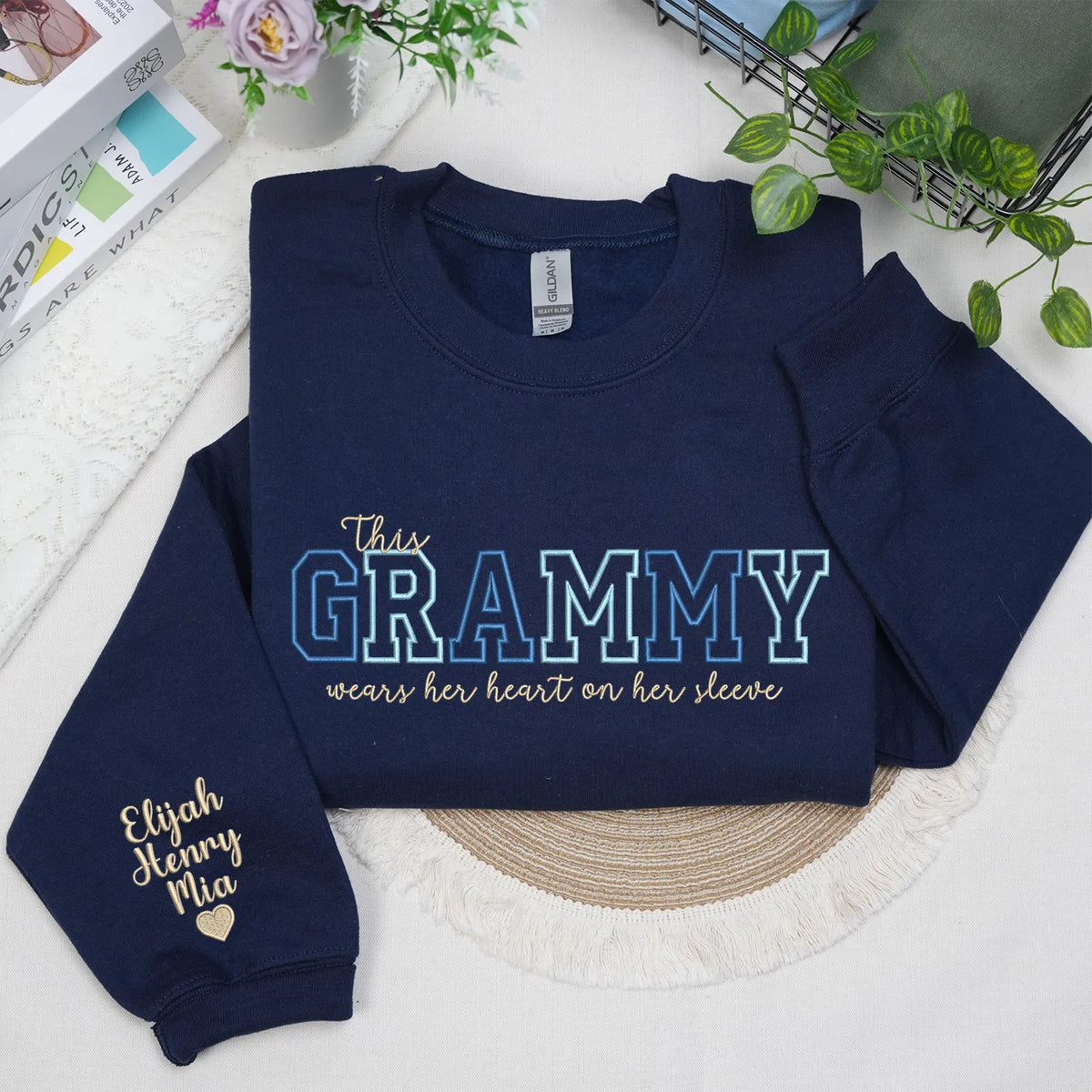 This Grammy Wears Her Heart on Her Sleeve - Custom Embroidered Sweatshirt with Grandkids' Names