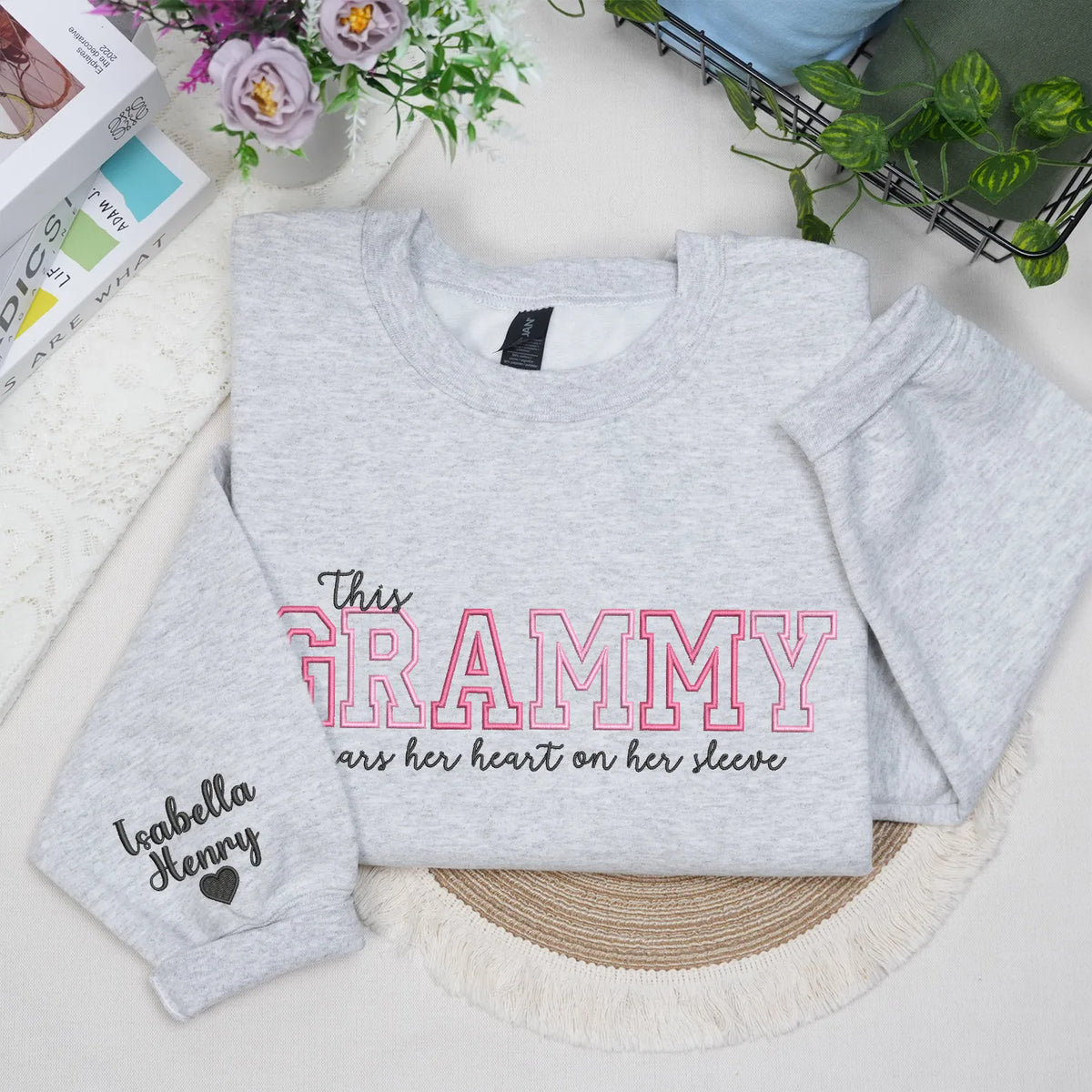 This Grammy Wears Her Heart on Her Sleeve - Custom Embroidered Sweatshirt with Grandkids' Names