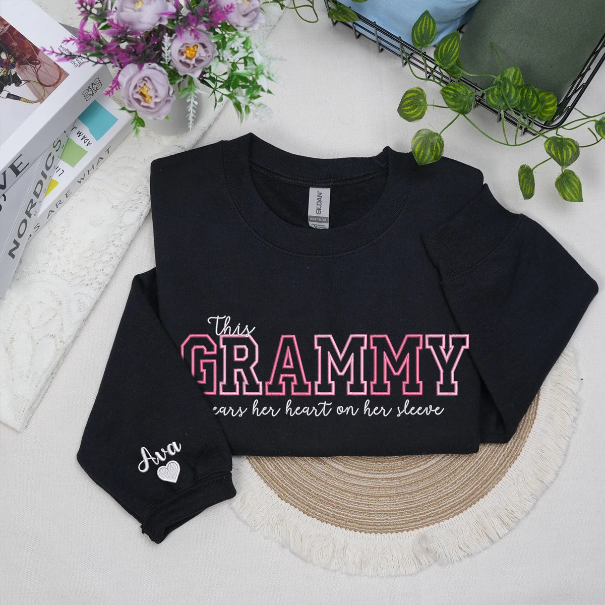 This Grammy Wears Her Heart on Her Sleeve - Custom Embroidered Sweatshirt with Grandkids' Names