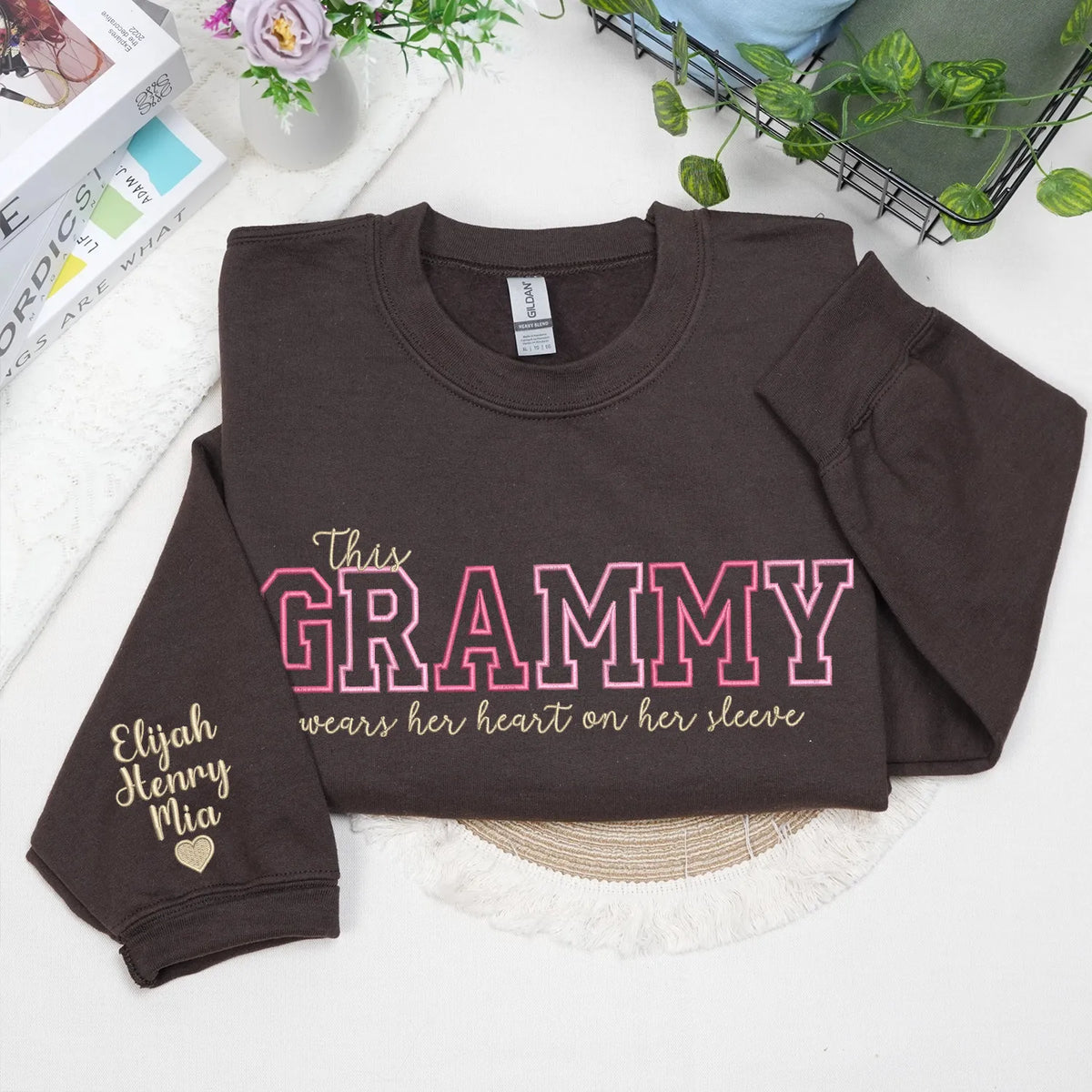 This Grammy Wears Her Heart on Her Sleeve - Custom Embroidered Sweatshirt with Grandkids' Names