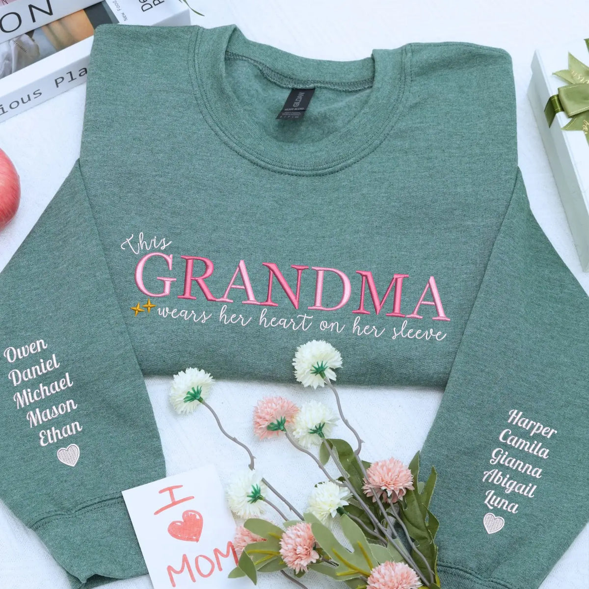 custom embroidered grandma sweatshirt with grandkids names this grandma wears her heart on her sleeve hoodie gift