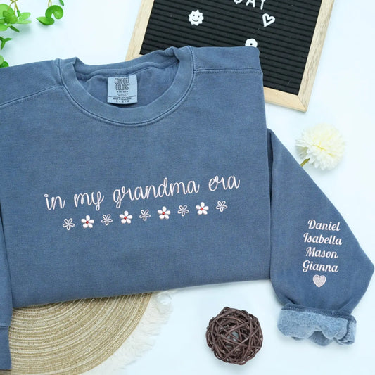 Custom embroidered In My Grandma Era sweatshirt with kids names stitched on sleeve personalized gift for new moms
