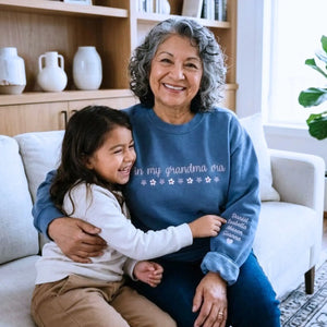 Custom embroidered In My Grandma Era sweatshirt with kids names stitched on sleeve personalized gift for new moms