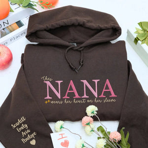 custom embroidered grandma sweatshirt with grandkids names this grandma wears her heart on her sleeve hoodie gift