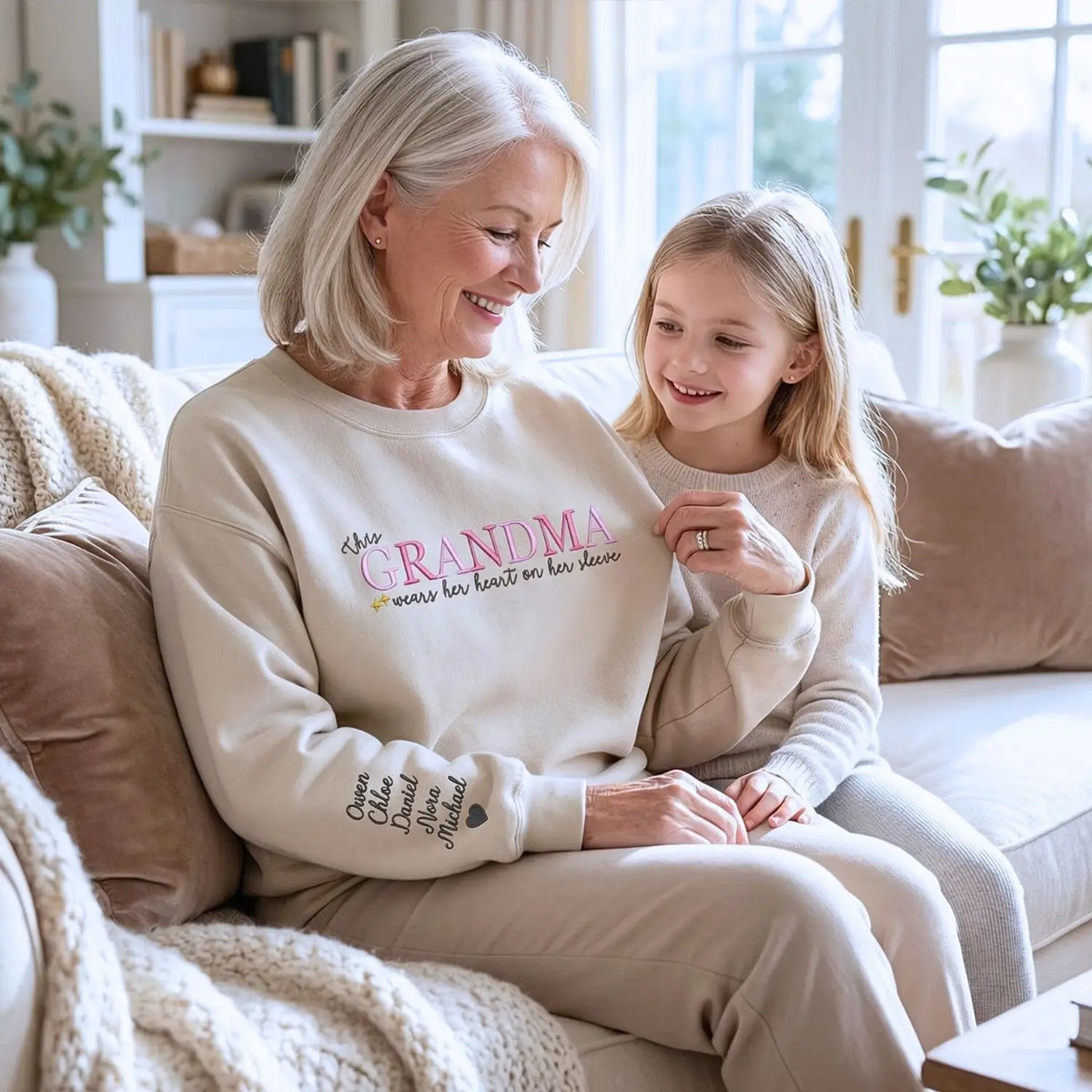 custom embroidered grandma sweatshirt with grandkids names this grandma wears her heart on her sleeve hoodie gift