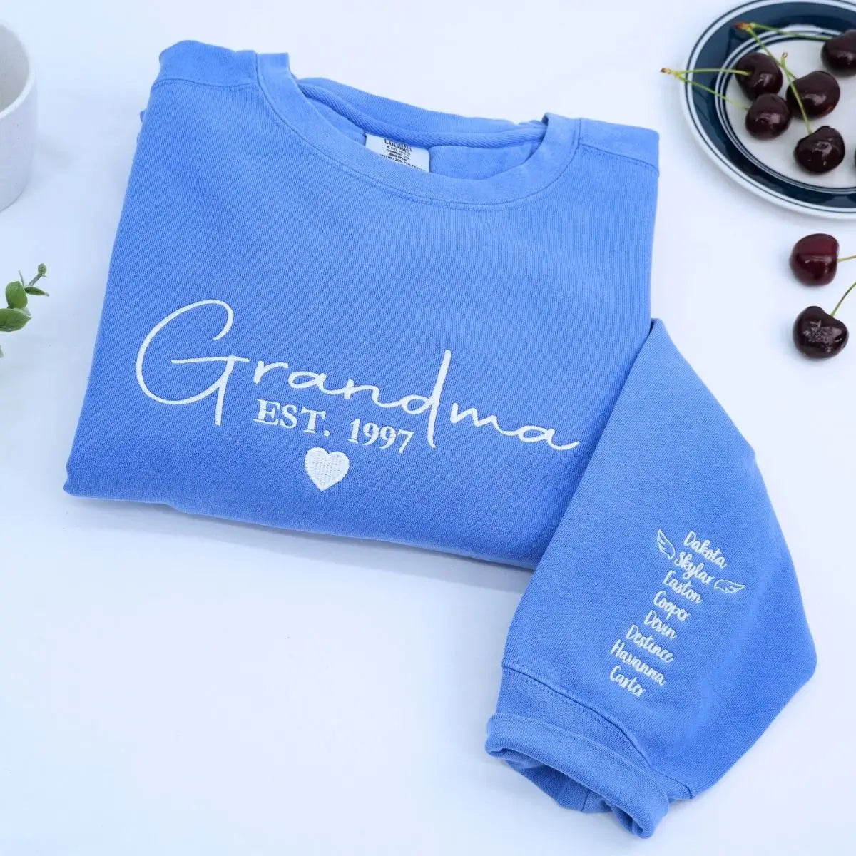 Custom embroidered Grandma EST year sweatshirt gift for grandmother – soft cotton in neutral tone
