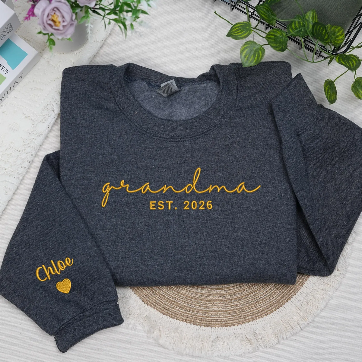 First Time Grandma Sweatshirt - Personalized Mother’s Day Gift with Embroidered Sweater Name on Sleeve