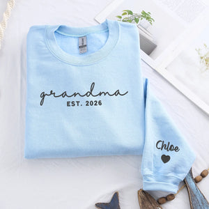 First Time Grandma Sweatshirt - Personalized Mother’s Day Gift with Embroidered Sweater Name on Sleeve