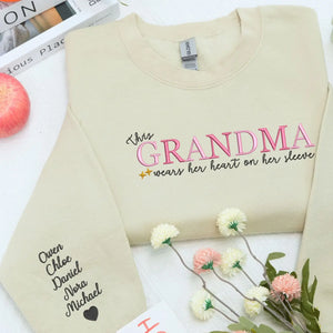custom embroidered grandma sweatshirt with grandkids names this grandma wears her heart on her sleeve hoodie gift